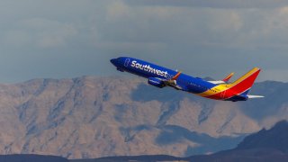 A Southwest commercial airliner takes off from Las Vegas on Feb. 8, 2024.