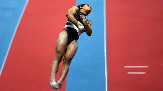 Gabby Douglas competes on the vault at the American Classic Saturday, April 27, 2024, in Katy, Texas.