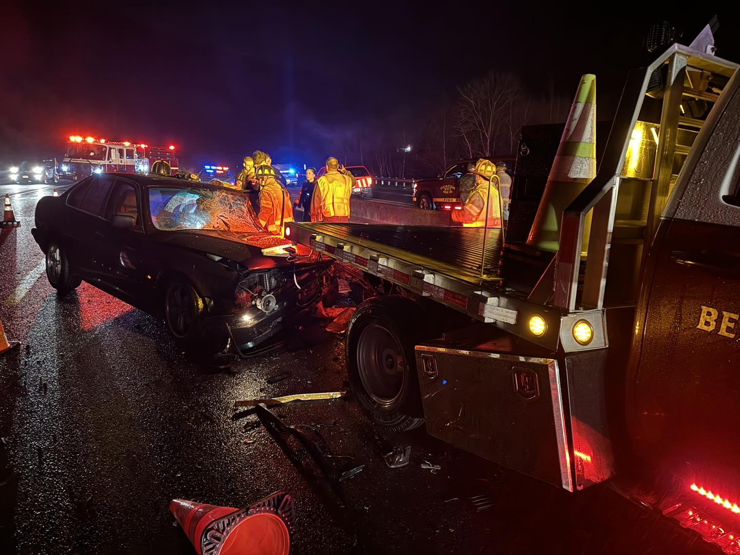 Fire vehicle at wrongway crash on Route 8 in Beacon Falls hit by