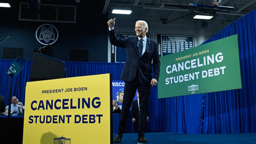 President Joe Biden gestures after speaking about student loan debt relief at Madison Area Technical College in Madison, Wisconsin, April 8, 2024.