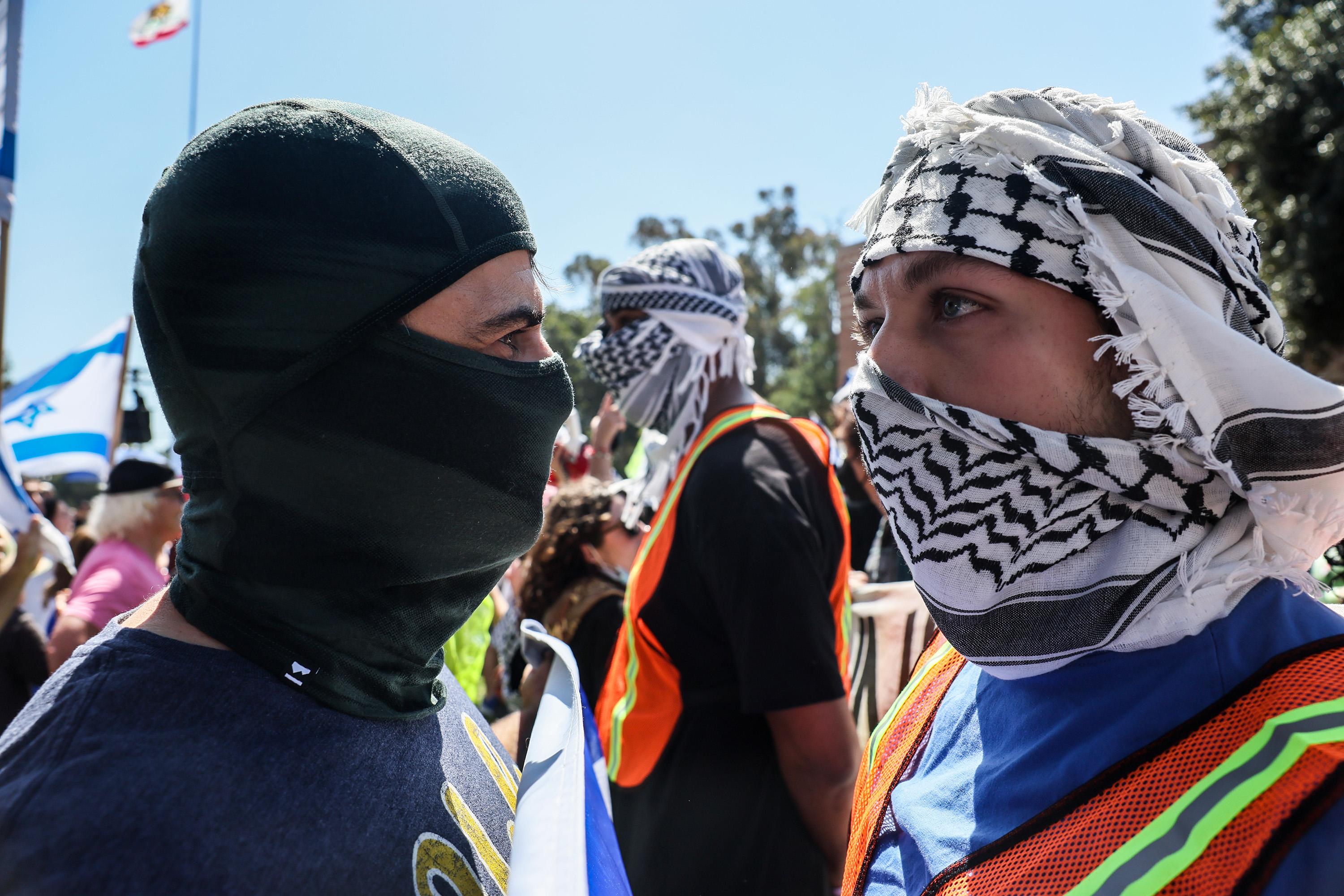 Westwood, CA, Sunday, April 28, 2024 – Thousands rally for Israel as pro Palestine counter demonstrators surround them at UCLA. (Robert Gauthier/Los Angeles Times via Getty Images)