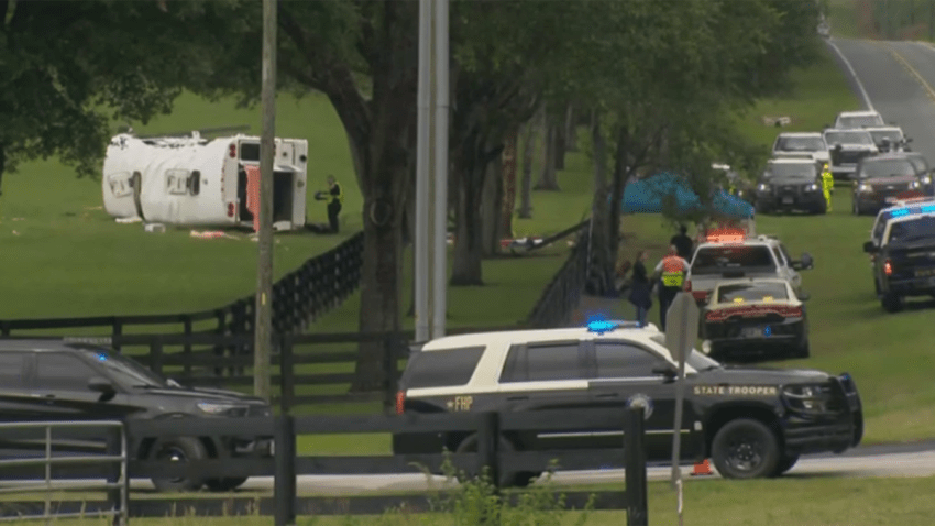 Scene of a fatl rollover crash involving a bus carrying farm workers in Marion County, Florida.