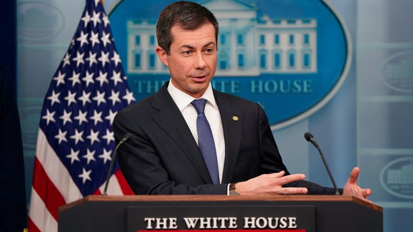 U.S. Secretary of Transportation Pete Buttigieg speaks during a press briefing the day after the collapse of the Francis Scott Key Bridge in Baltimore, at the White House in Washington, U.S., March 27, 2024. 