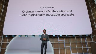 MOUNTAIN VIEW, CALIFORNIA – MAY 07: Google CEO Sundar Pichai delivers the keynote address at the 2019 Google I/O conference at Shoreline Amphitheatre on May 07, 2019 in Mountain View, California. The annual Google I/O Conference runs through May 8. (Photo by Justin Sullivan/Getty Images)
