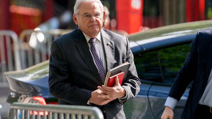 NEW YORK, NEW YORK – MAY 14:  U.S. Sen. Robert Menendez (D-NJ) arrives for trial at Manhattan Federal Court on May 14, 2024 in New York City. Menendez and his wife are accused of extortion, obstruction of justice, and accepting bribes to perform favors for businessmen with connections to Egypt and Qatar after gold bars and hundreds of thousands of dollars in cash were found at his home.