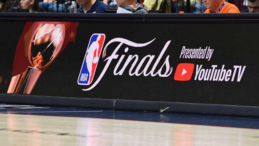 A general view of an NBA Finals promotion shown on May 17, 2024, at Mohegan Sun Arena in Uncasville, CT.