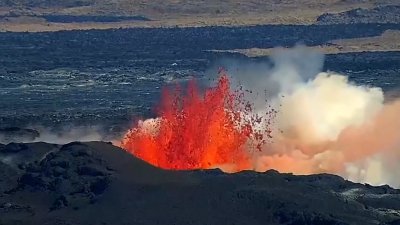 WATCH: Iceland volcano spews red streams of lava