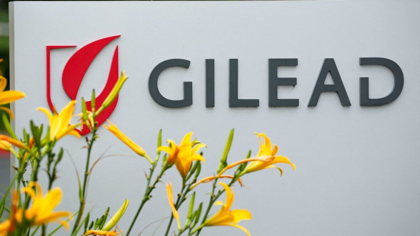 The logo of Gilead Sciences pharmaceutical company is seen in Oceanside, California, April 29, 2020.