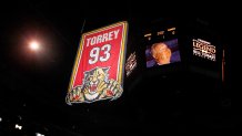 SUNRISE, FL - OCTOBER 23: A banner is raised at Tribute Night for Bill Torrey as the Florida Panthers host the New York Islanders at the BankAtlantic Center on October 23, 2010 in Sunrise, Florida.  Torrey was the Florida Panthers original president and was most responsible for putting together the first Panthers team.  (Photo by Eliot J. Schechter/NHLI via Getty Images)