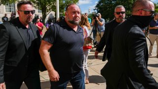 Alex Jones Speaks To The Media Outside The Sandy Hook Trial In Waterbury, Connecticut