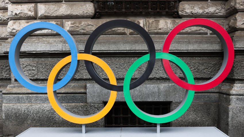 FILE: Olympics symbol is seen in Milan, Italy on May 20, 2024. (Photo by Jakub Porzycki/NurPhoto via Getty Images)