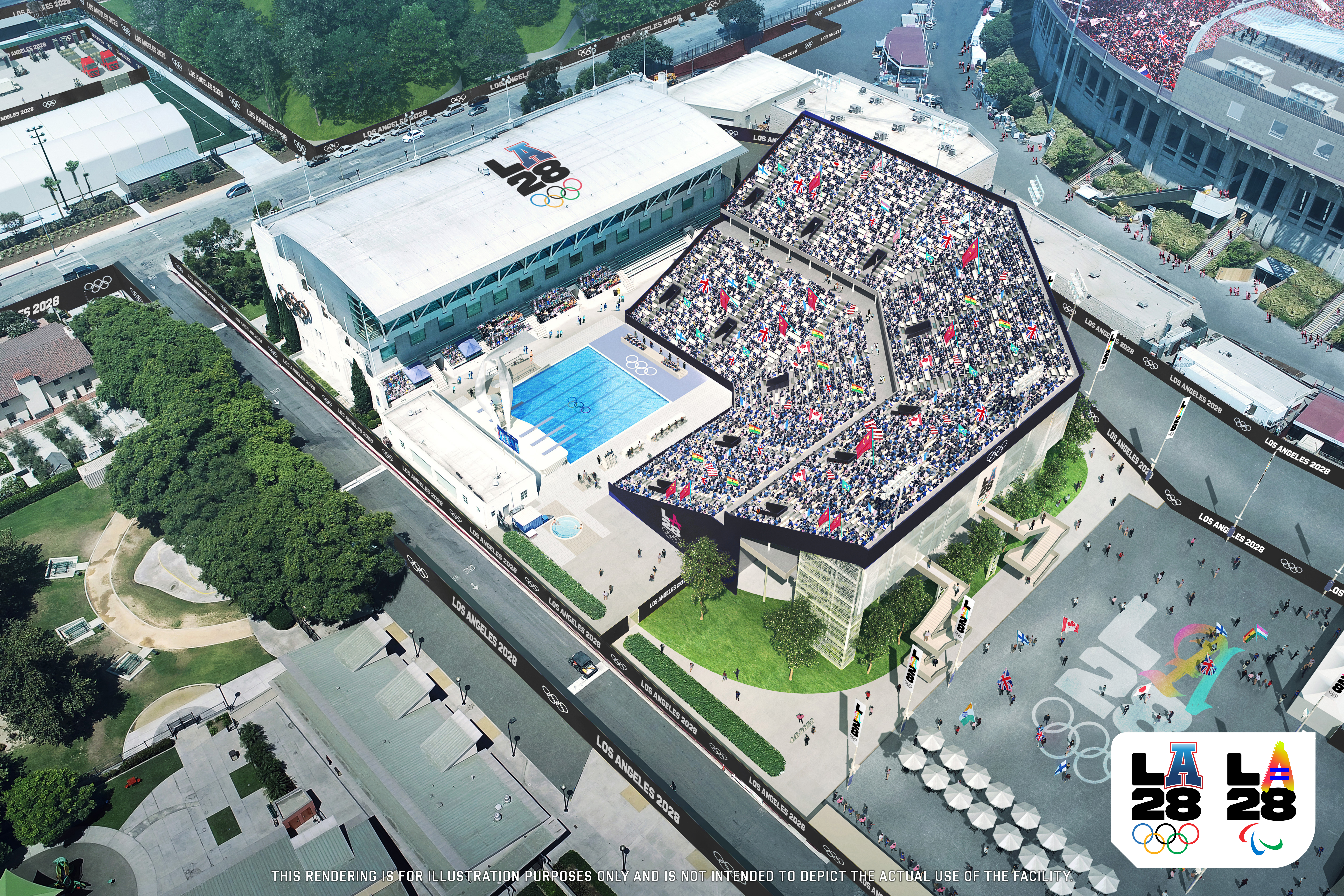 A rendering of the USC campus pool venue planned for the 2028 Los Angeles Olympics.