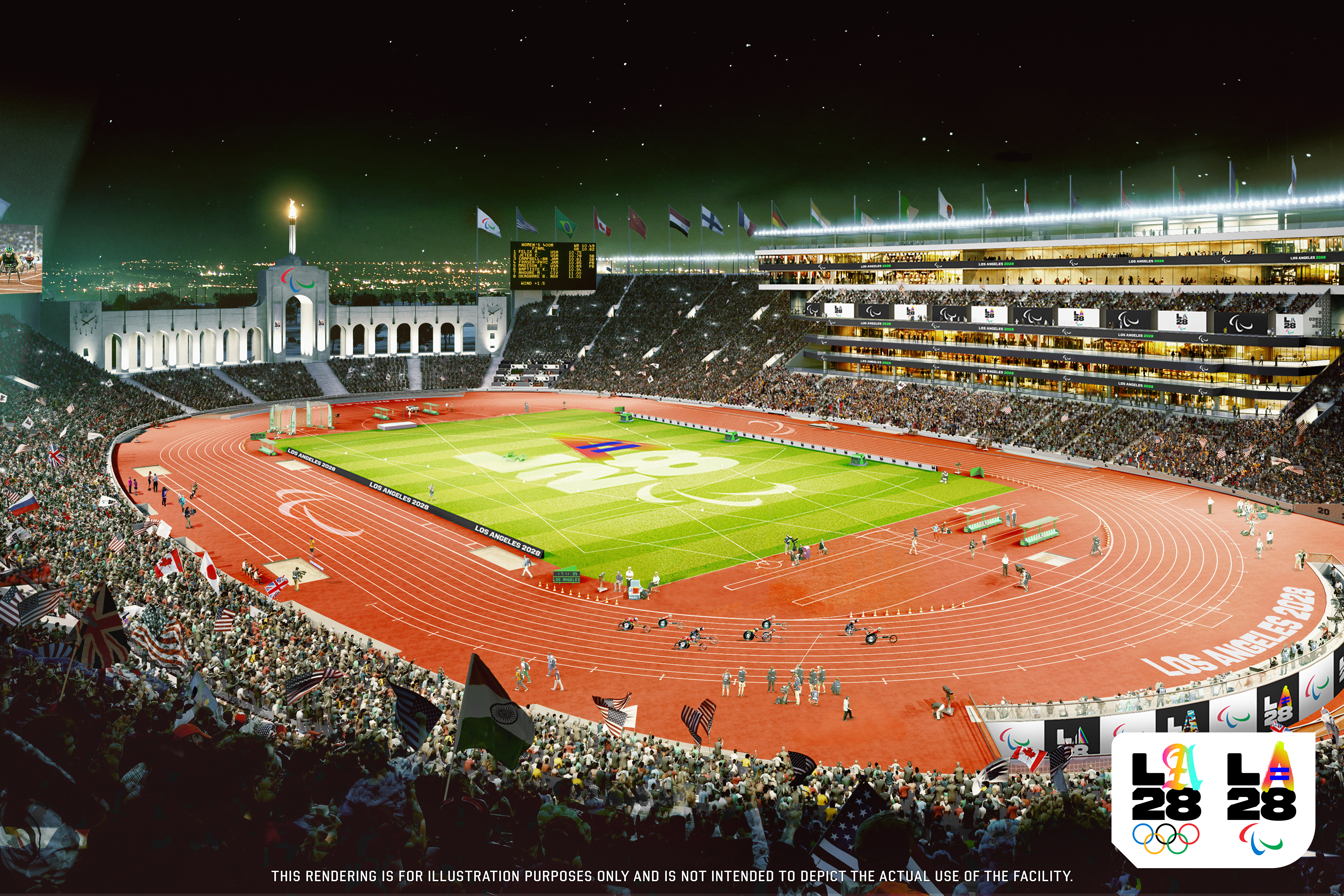 A rendering of the LA Memorial Coliseum venue planned for the 2028 Los Angeles Olympics.