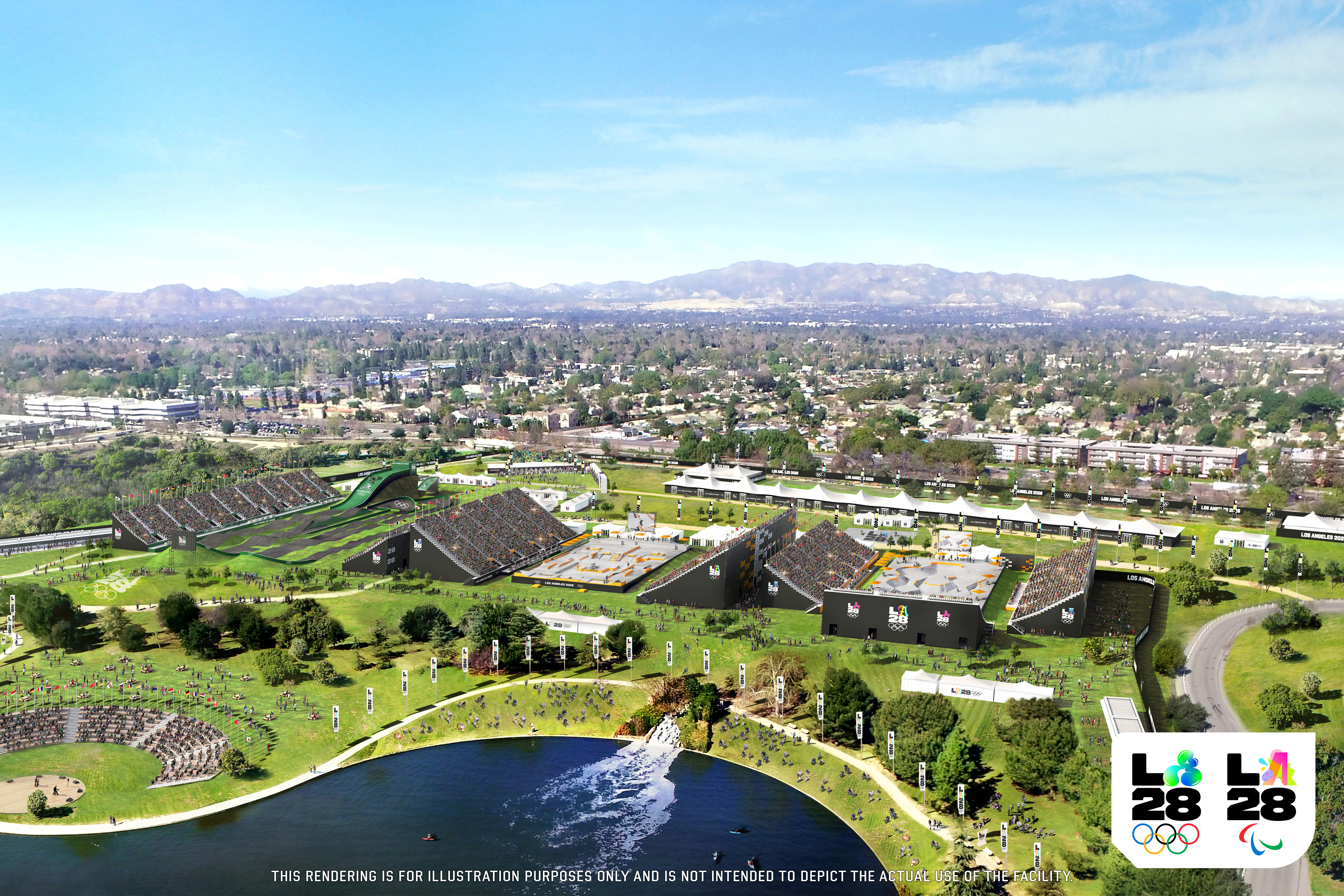 A rendering of the Sepulveda Basin Recreation Area venue planned for the 2028 Los Angeles Olympics.