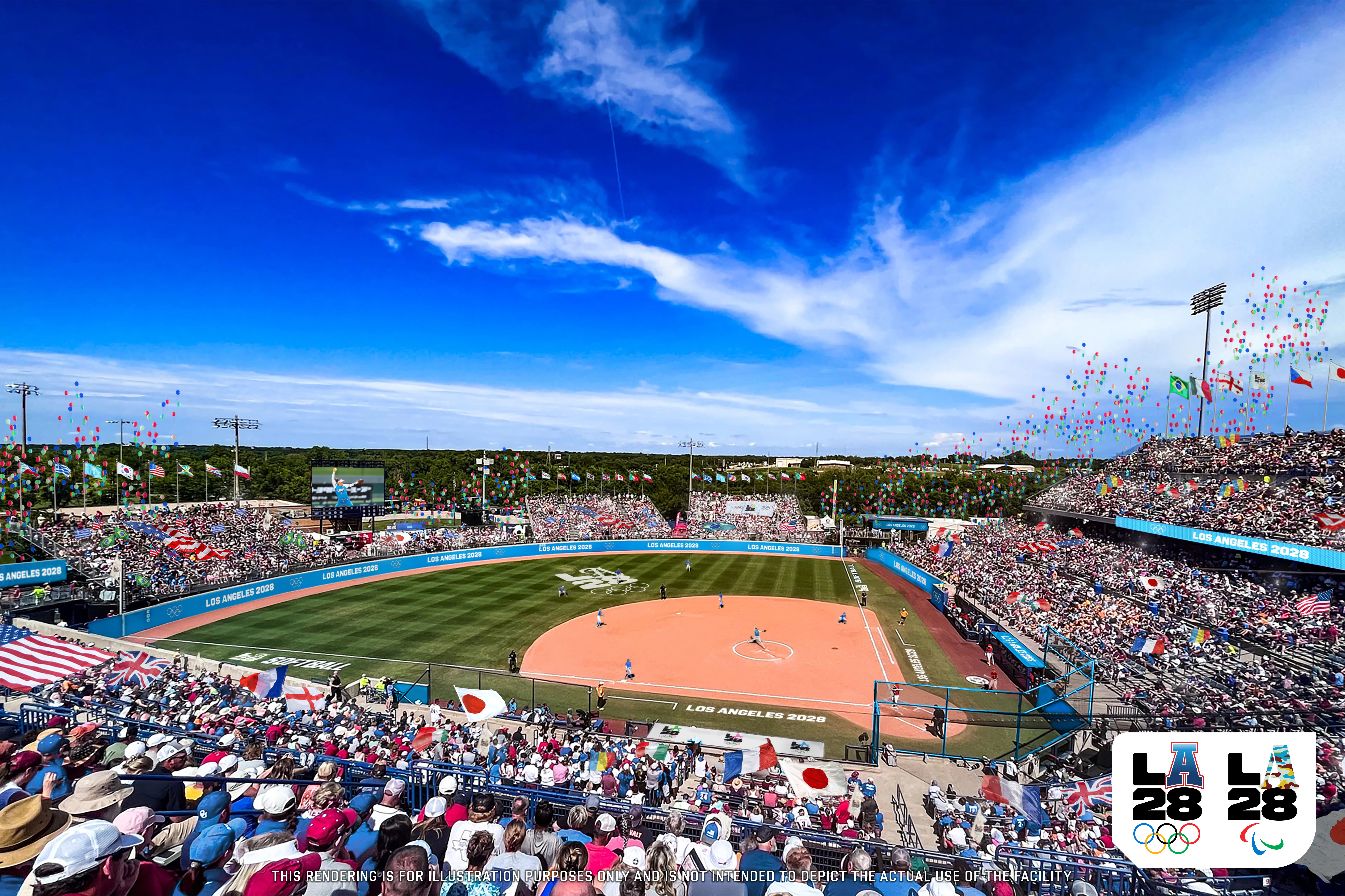 A rendering of the Oklahoma City softball venue planned for the 2028 Los Angeles Olympics.