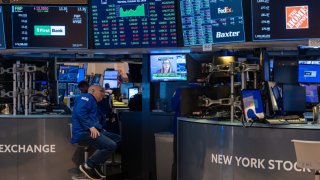 Traders work on the floor of the New York Stock Exchange (NYSE) on Oct. 30, 2023 in New York City.