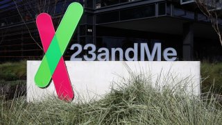 A sign is posted in front of the 23andMe headquarters in Sunnyvale, California, on Feb. 1, 2024.