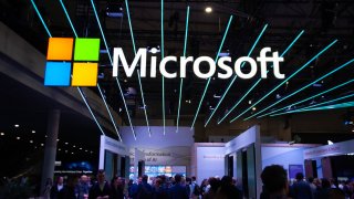 The Microsoft logo is on display at the Mobile World Congress in Barcelona, Spain, on February 26, 2024.