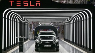 An electric vehicle of the model Y is pictured during the start of the production at Tesla’s “Gigafactory” on March 22, 2022 in Gruenheide, southeast of Berlin. – US electric car pioneer Tesla received the go-ahead for its “gigafactory” in Germany on March 4, 2022, paving the way for production to begin shortly after an approval process dogged by delays and setbacks. (Photo by Patrick Pleul / POOL / AFP) (Photo by PATRICK PLEUL/POOL/AFP via Getty Images)