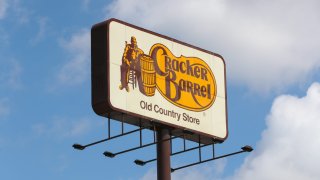 The logo for Cracker Barrel Old Country Store is seen on a sign along Interstate 80.