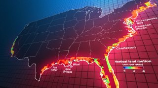 Cities experiencing land subsidence across the USA. Adapted from “Disappearing cities on U.S. coasts,” Leonard O. Ohenhen, Manoochehr Shirzaei, Chandrakanta Ojha, Sonam F. Sherpa & Robert J. Nicholls, 2024.