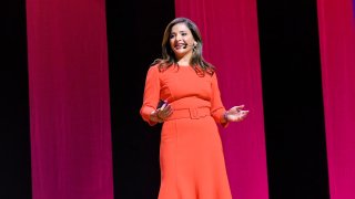 HubSpot CEO Yamini Rangan speaks at the company’s Inbound conference in Boston on Sept. 6, 2023.