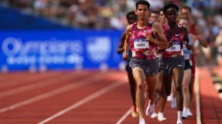 Grant Fisher and Abdihamid Nur compete in the men’s 5000 meter final on Day Ten of the 2024 U.S. Olympic Team Track & Field Trials at Hayward Field on June 30, 2024 in Eugene, Oregon.