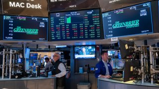 Traders work on the floor of the New York Stock Exchange as a picture of Vice President Kamala Harris is displayed on a television screen, on July 22, 2024.