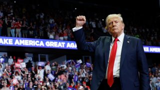 Republican presidential nominee and former U.S. President Donald Trump walks off stage after speaking at a campaign rally at the Van Andel Arena in Grand Rapids, Michigan, on July 20, 2024.