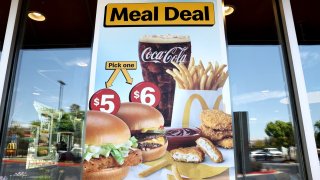 A sign advertises meal deals at a McDonald’s restaurant in Burbank, California, on July 22, 2024.