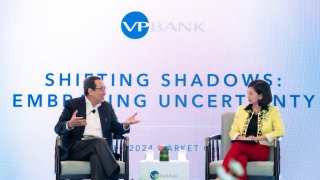 Former Singapore permanent representative to the UN Bilahari Kausikan (left) speaks to VP Bank’s CEO for Asia Pamela Phua during the bank’s outlook event on July 17, 2024.