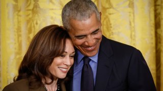 Former President Barack Obama hugs Vice President Kamala Harris during an event to mark the 2010 passage of the Affordable Care Act in the East Room of the White House on April 5, 2022 in Washington, DC.