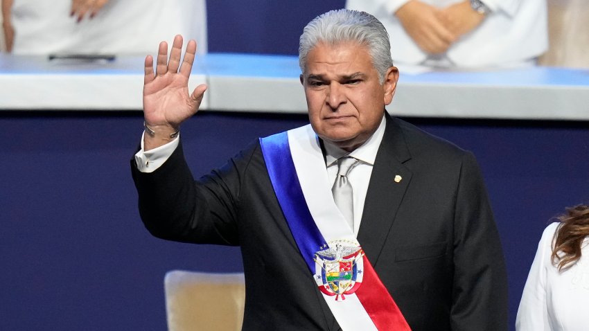 New Panamanian President Jose Raul Mulino waves before giving a speech at his swearing-in ceremony at the Atlapa Convention Centre in Panama City, Monday, July 1, 2024.