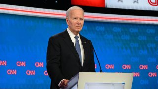 President of the United States Joe Biden and Former President Donald Trump participate in the first Presidential Debate at CNN Studios in Atlanta, Georgia, United States on June 27, 2024. (Photo by Kyle Mazza/Anadolu via Getty Images)