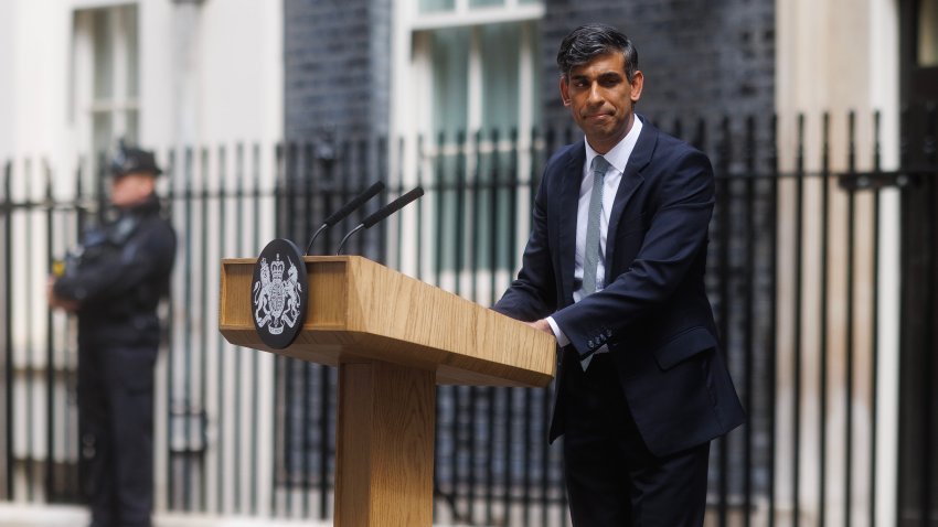 Outgoing Conservative Prime Minister Rishi Sunak speaks to the media as he leaves 10 Downing Street following Labour's landslide election victory on July 5, 2024 in London, England. The Labour Party won a landslide victory in the 2024 general election, ending 14 years of Conservative government.