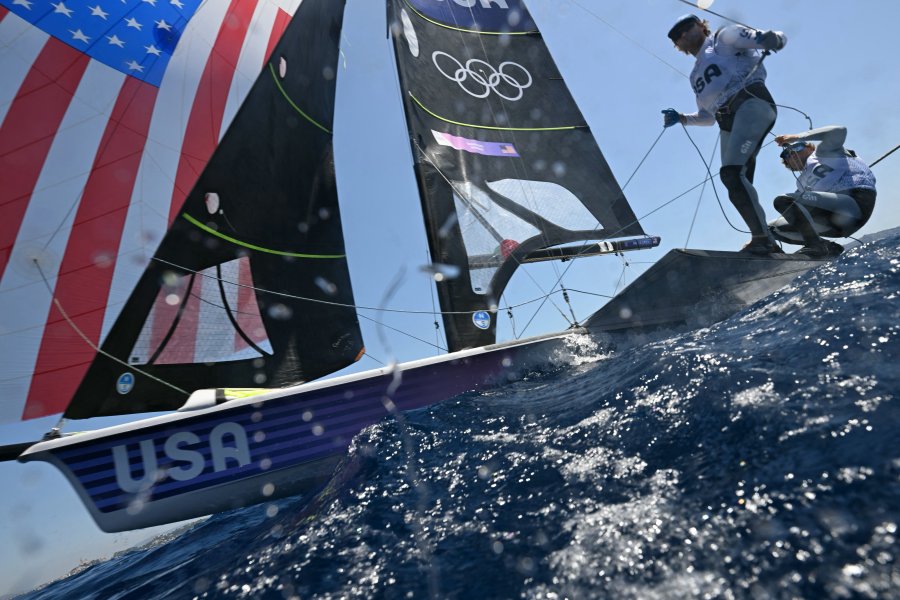 The US' duo Ian Barrows and Hans Henken prepare to take the start of Race 4 of the men's 49er skiff event during the Paris 2024 Olympic Games.