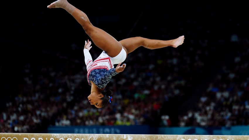 USA's Jordan Chiles performs on the Balance Beam during the artistic gymnastics, women's team final, at Bercy Arena on the fourth day of the 2024 Paris Olympic Games in France.