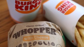 A Burger King Whopper hamburger is displayed in San Anselmo, California, on April 5, 2022.