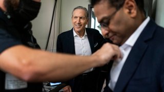 CEO of Starbucks Howard Schultz back stage with soon to be Starbucks CEO Laxman Narasimhan at Starbucks Headquarters during Investor Day in Seattle, Washington Tuesday September 13, 2022.