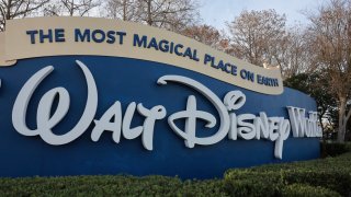 A sign welcomes visitors near an entrance to Walt Disney World on February 01, 2024, in Orlando, Florida.