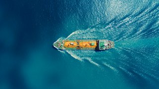 Aerial view of a ship at sea.