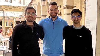 EzDubs founders Amrutavarsh Kinagi (left), Kareem Nassar and Padmanabhan Krishnamurthy pose for a photo in Palo Alto, California, in August 2023.