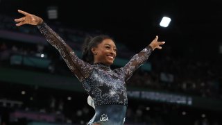 Simone Biles of Team United States reacts after competing on the vault during the Artistic Gymnastics Women’s Qualification on day two of the Olympic Games Paris 2024 at Bercy Arena on July 28, 2024 in Paris, France.