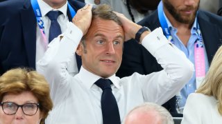 French President Emmanuel Macron attends the men’s basketball Gold Medal game between Team France and Team United States on day fifteen of the Olympic Games Paris 2024 at Bercy Arena on August 10, 2024 in Paris, France.