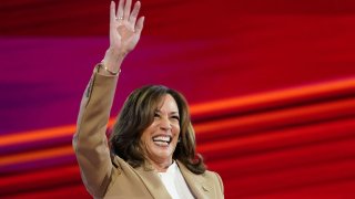 Democratic presidential candidate and U.S. Vice President Kamala Harris gestures onstage at the Democratic National Convention (DNC) in Chicago, Illinois, U.S., August 19, 2024. 