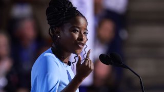 National Youth Poet Laureate Amanda Gorman speaks on stage during the third day of the Democratic National Convention at the United Center on August 21, 2024 in Chicago, Illinois. 