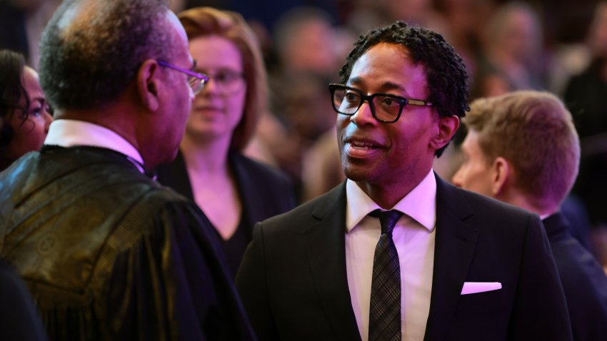 Rev. Emanuel Cleaver II, left, of Kansas City, talks with St. Louis County prosecutor Wesley Bell before the memorial service for former U.S. Sen. Jean Carnahan in St. Louis on Saturday, Feb. 10, 2024.