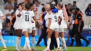 United States head coach Emma Hayes celebrates with Mallory Swanson #9 after defeating Germany during the 2024 Paris Olympic Games