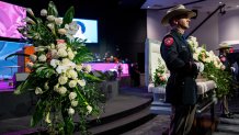 HOUSTON, TEXAS - AUGUST 01: Texas Highway Patrol stand watch over the casket of Congresswoman Sheila Jackson Lee during her funeral service at the Fallbrook Church on August 01, 2024 in Houston, Texas. Members of the community and elected officials gathered to honor the life of the late U.S. Rep. Sheila Jackson Lee. Vice President Kamala Harris among other elected officials are expected to be in attendance for the funeral, where she will deliver remarks and the eulogy.