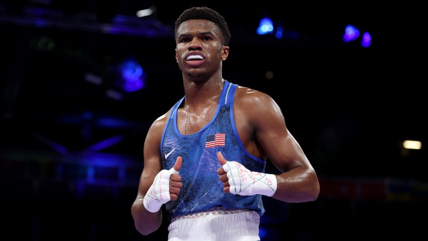 Omari Jones of Team United States celebrates his victory against Rami Mofid Kiwan of Team Bulgaria after the Men's 71kg Quarter-final match on day eight of the Olympic Games Paris 2024 at North Paris Arena on August 03, 2024 in Paris, France.